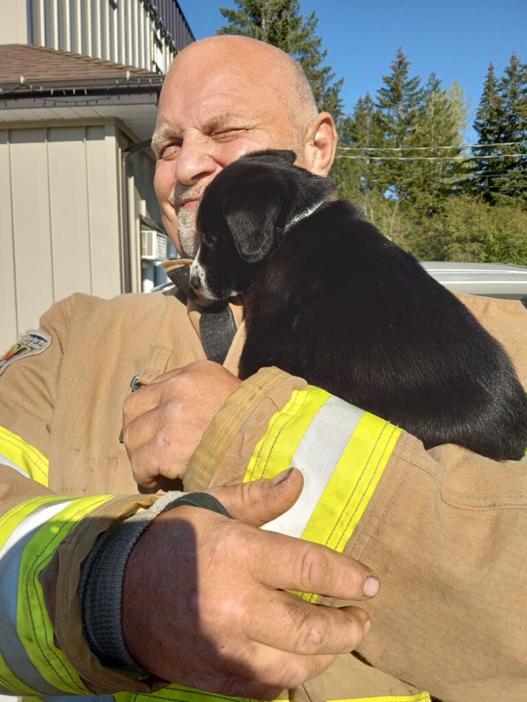 Firefighter holding a puppy as part of a Ziggy's Recuses fundraiser 