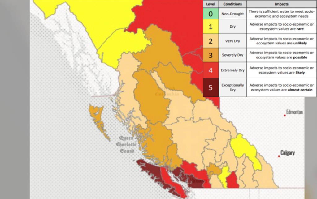 A map of British Columbia highlighting areas currently experiences extreme drought conditions.