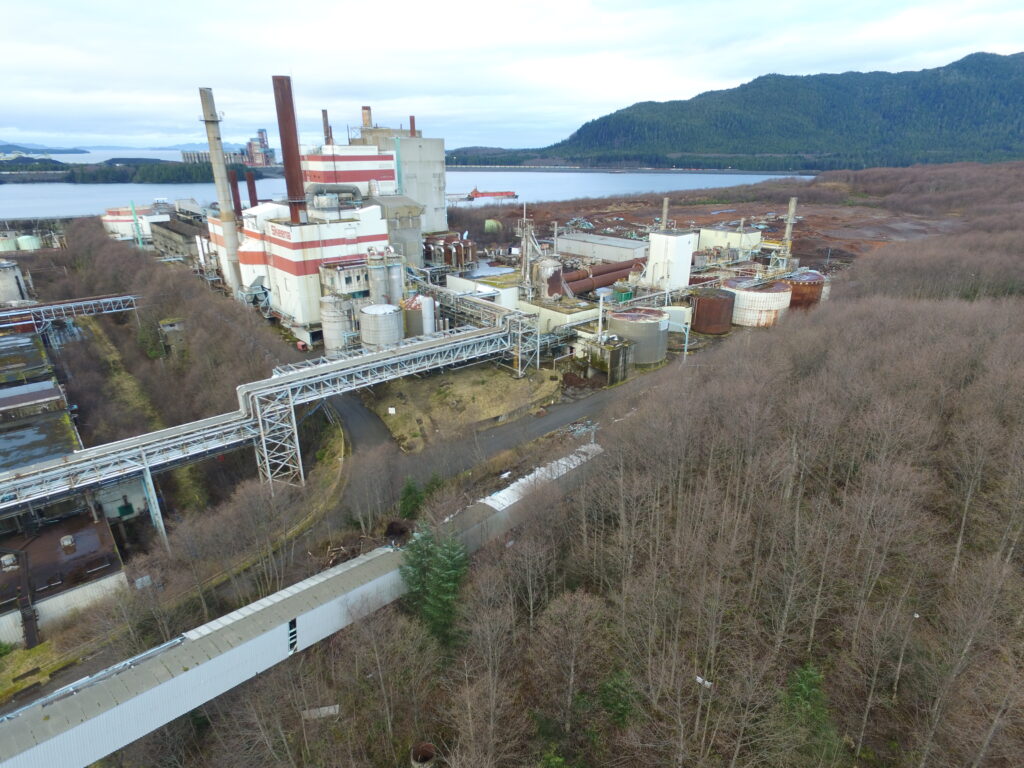The dilapidated Skeena Cellulose Pulp Mill on Watson Island, Prince Rupert, which became a contaminated Brownfield after the mill closed in 1997.