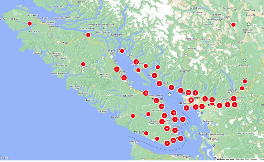 BC Hydro outage map of the BC South Coast as of 10pm November 4, 2022.