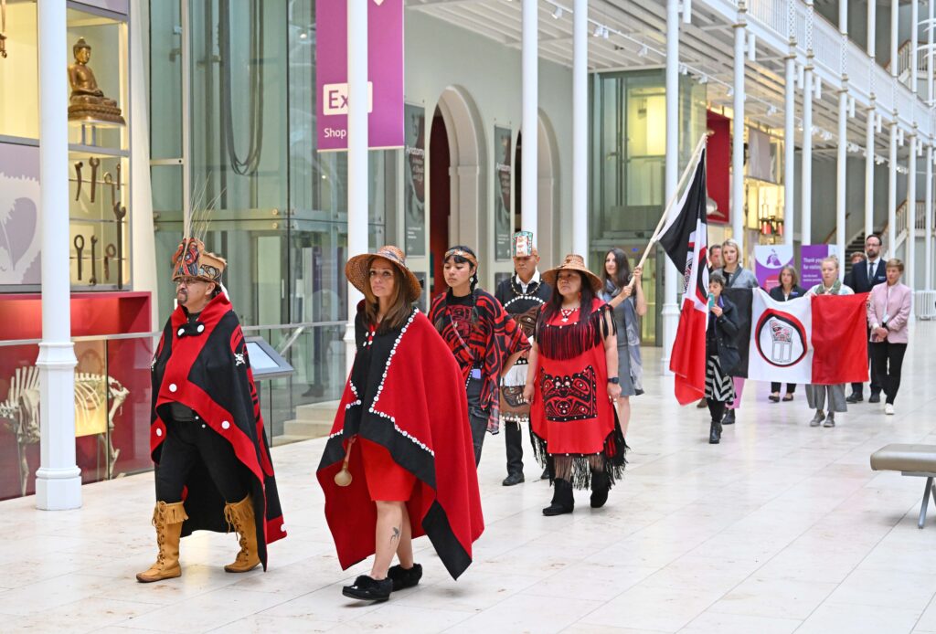 Nisga'a delegation led by Sim'oogit Ni'isjoohl (Mr Earl Stephens) and Sigidimnak’ Nox Ts'aawit (Dr Amy Parent) at the National Museum of Scotland. 