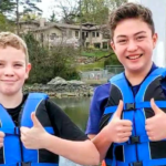 Liam Pope-Lau and Fraser Tuck wearing their invention.