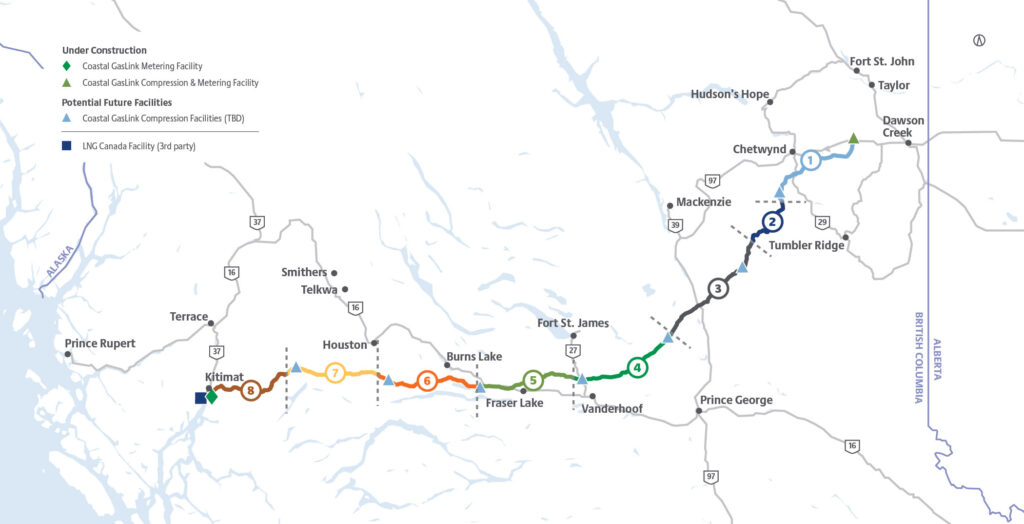 Map of BC showing the Coastal GasLink route from the North East to Kitimat.