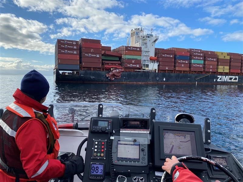 Canadian Coast Guard boarding the ZIM Kingston, a vessel that caught fire near Victoria, B.C. 