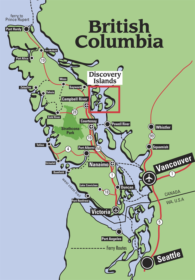 Map of Vancouver Island and surrounding coastal regions highlighting the Discovery Islands.
