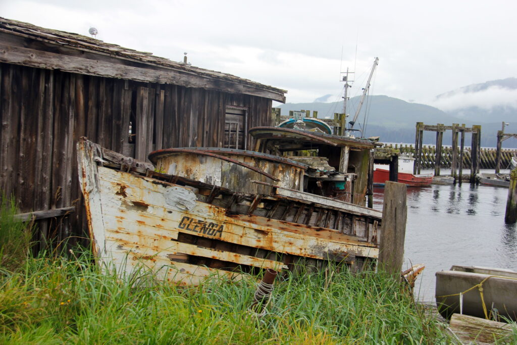 This old fishing boat has been retired and docked at the edge of Alert Bay. 
