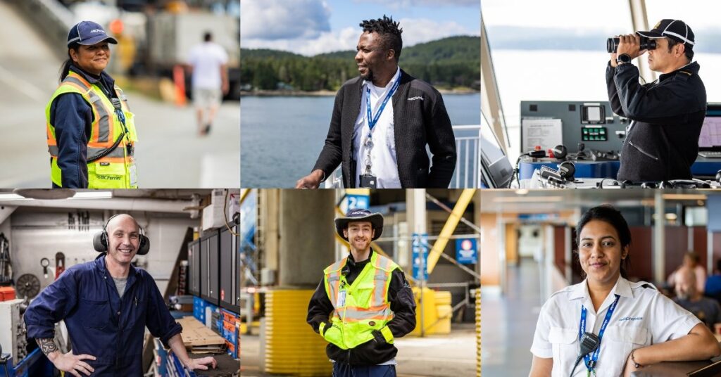 Join BC Ferries for endless opportunities! This photo shows just a few of the many positions available within our company. From deckhands to engineers, ticket agents to customer service representatives, the possibilities for your career at BC Ferries are limitless.
