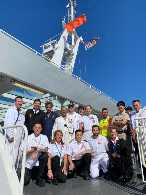 Smooth sailing ahead! Our BC Ferries crew enjoys the fresh ocean air on the top deck, ensuring a safe and enjoyable journey for all passengers. Our dedicated team works hard to provide exceptional service on every voyage.