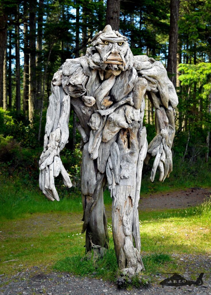 Alex Witcombe created this statue of a sasquatch out of driftwood. It's located in Rebecca Spit Provincial Park, Quadra Island, BC.