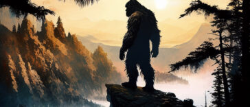 Sasquatch silhouette standing on cliff ledge