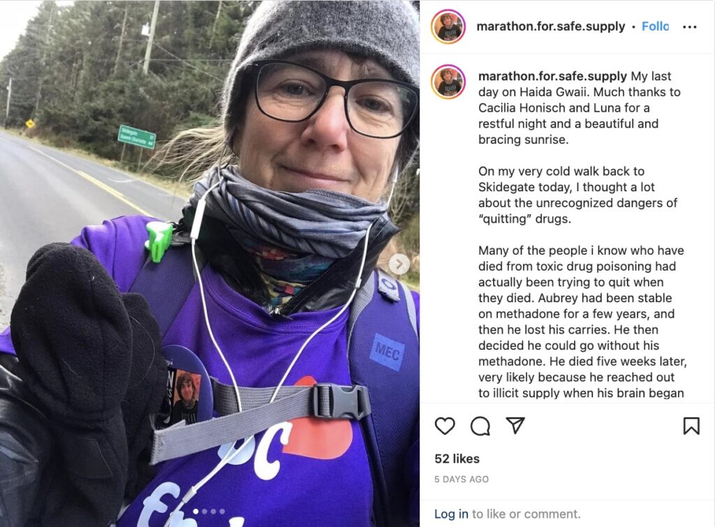 Instagram post for marathon for safe supply. Jessica Michalofsky spoke to West Coast Now after just completing a training run, which consisted of walking the length of Haida Gwaii.