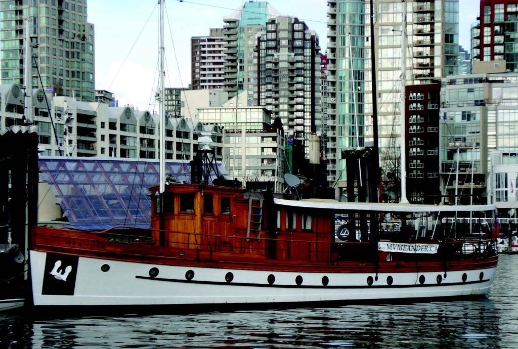 The motor yacht Meander, built in 1933 for Vancouver tycoon George Kidd, put Allan’s firm on the map. Still sailing today from False Creek, Meander served in the Naval Reserve in the Second World War, worked as a United Church mission boat and even did a tour of duty with Greenpeace.