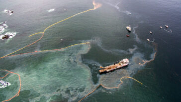 An aerial view of the Nathan E. Stewart spill and cleanup efforts